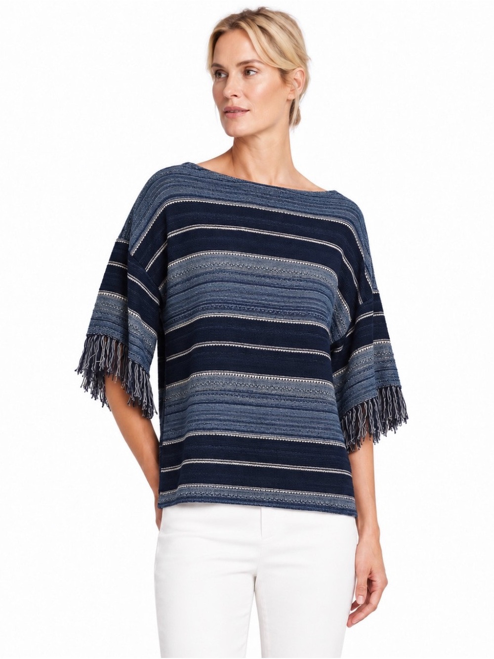 Ralph Lauren Fringed Stripe Boatneck Sweater - Blue size M